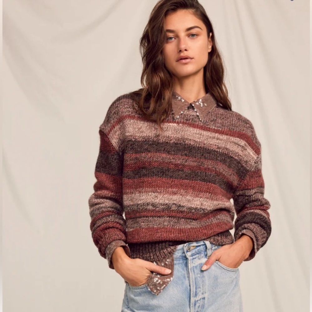 Pearl by Lela Rose Brown Space Dye Striped Pullover Sweater Size XS